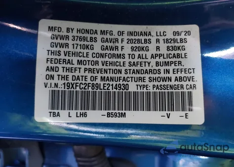 2020 Honda Civic Sport from USA, damaged, VIN 19XFC2F89LE214930